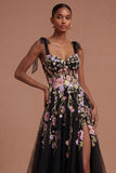 Thick Straps A Line Black Pink Floral Long Prom Dress with Slit