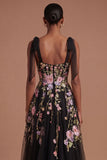 Thick Straps A Line Black Pink Floral Long Prom Dress with Slit