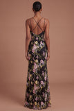Sheath Black Pink Floral Spaghetti Straps Long Prom Dress with Slit