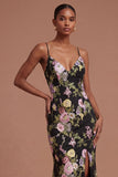 Sheath Black Pink Floral Spaghetti Straps Long Prom Dress with Slit
