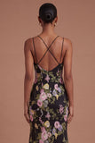 Sheath Black Pink Floral Spaghetti Straps Long Prom Dress with Slit