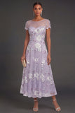 Sparkly Beaded Dusty Purple Illusion Neck Floral A Line Midi Formal Dress