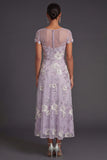 Sparkly Beaded Dusty Purple Illusion Neck Floral A Line Midi Formal Dress