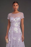 Sparkly Beaded Dusty Purple Illusion Neck Floral A Line Midi Formal Dress