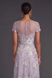 Sparkly Beaded Dusty Purple Illusion Neck Floral A Line Midi Formal Dress