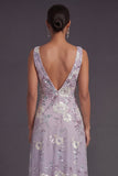 Sparkly Beaded Dusty Purple Cowl Neck Floral Appliqued Long Formal Dress