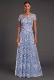 Sparkly Beaded Dusty Blue Floral Illusion Neck A Line Long Wedding Guest Dress