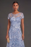 Sparkly Beaded Dusty Blue Floral Illusion Neck A Line Long Wedding Guest Dress