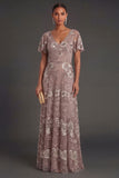 Dusty Rose Floral Appliqued Sparkly Beaded Sheath Long Wedding Guest Dress