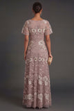 Dusty Rose Floral Appliqued Sparkly Beaded Sheath Long Wedding Guest Dress