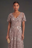 Dusty Rose Floral Appliqued Sparkly Beaded Sheath Long Wedding Guest Dress