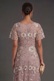 Dusty Rose Floral Appliqued Sparkly Beaded Sheath Long Wedding Guest Dress