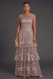 Dusty Rose Floral Appliqued Sparkly Beaded Tiered Long Wedding Guest Dress