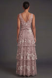Dusty Rose Floral Appliqued Sparkly Beaded Tiered Long Wedding Guest Dress