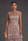 Dusty Rose Floral Appliqued Sparkly Beaded Tiered Long Wedding Guest Dress