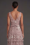 Dusty Rose Floral Appliqued Sparkly Beaded Tiered Long Wedding Guest Dress