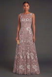 Floral Dusty Rose Sparkly Beaded Appliqued A Line Long Wedding Guest Dress