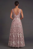 Floral Dusty Rose Sparkly Beaded Appliqued A Line Long Wedding Guest Dress
