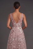 Floral Dusty Rose Sparkly Beaded Appliqued A Line Long Wedding Guest Dress
