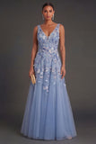 Dusty Blue Floral A Line V Neck Appliqued Long Wedding Guest Dress
