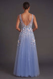 Dusty Blue Floral A Line V Neck Appliqued Long Wedding Guest Dress
