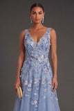 Dusty Blue Floral A Line V Neck Appliqued Long Wedding Guest Dress