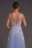 Dusty Blue Floral A Line V Neck Appliqued Long Wedding Guest Dress