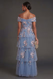 Sparkly Sequined Dusty Blue Floral Off the Shoulder Tiered Long Wedding Guest Dress