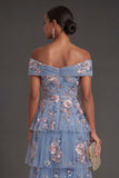 Sparkly Sequined Dusty Blue Floral Off the Shoulder Tiered Long Wedding Guest Dress