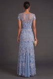 Sparkly Sequined Dusty Blue Floral V Neck Long Wedding Guest Dress