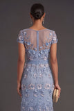 Sparkly Sequined Dusty Blue Floral V Neck Long Wedding Guest Dress