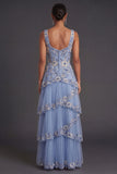 Sparkly Sequined Dusty Blue Floral Thick Straps Ruffled Tiered Long Wedding Guest Dress