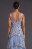 Sparkly Sequined Dusty Blue Floral Thick Straps Ruffled Tiered Long Wedding Guest Dress