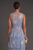 Dusty Blue Floral Appliqued A Line Illusion Neck Midi Wedding Guest Dress