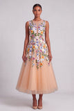Champagne A-Line Illusion Neck Floral Midi Wedding Guest Dress