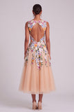 Champagne A-Line Illusion Neck Floral Midi Wedding Guest Dress