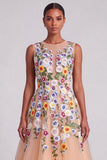 Champagne A-Line Illusion Neck Floral Midi Wedding Guest Dress