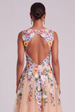 Champagne A-Line Illusion Neck Floral Midi Wedding Guest Dress