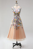 Champagne A-Line Illusion Neck Floral Midi Wedding Guest Dress