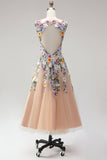 Champagne A-Line Illusion Neck Floral Midi Wedding Guest Dress
