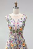 Champagne A-Line Illusion Neck Floral Midi Wedding Guest Dress