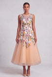 Champagne A-Line Illusion Neck Floral Midi Wedding Guest Dress