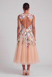 Champagne A-Line Illusion Neck Floral Midi Wedding Guest Dress