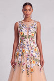 Champagne A-Line Illusion Neck Floral Midi Wedding Guest Dress
