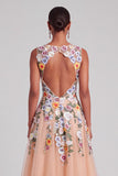 Champagne A-Line Illusion Neck Floral Midi Wedding Guest Dress