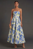 Pink Flower Jacquard Strapless Sleeveless Long Wedding Guest Dress