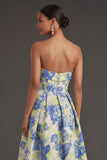 Pink Flower Jacquard Strapless Sleeveless Long Wedding Guest Dress