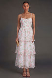 Yellow Floral Tiered Spaghetti Straps Corset Long Beach Wedding Guest Dress