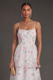 Yellow Floral Tiered Spaghetti Straps Corset Long Beach Wedding Guest Dress