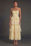 Yellow Floral Tiered Spaghetti Straps Corset Long Beach Wedding Guest Dress